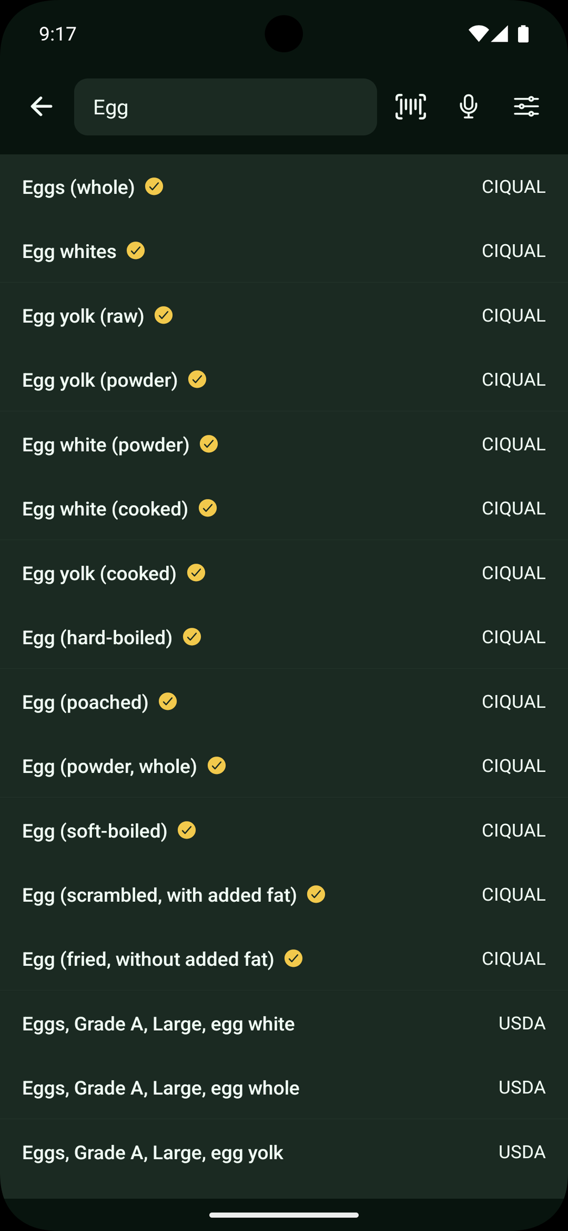 Searching the EiyoHub food database by name.