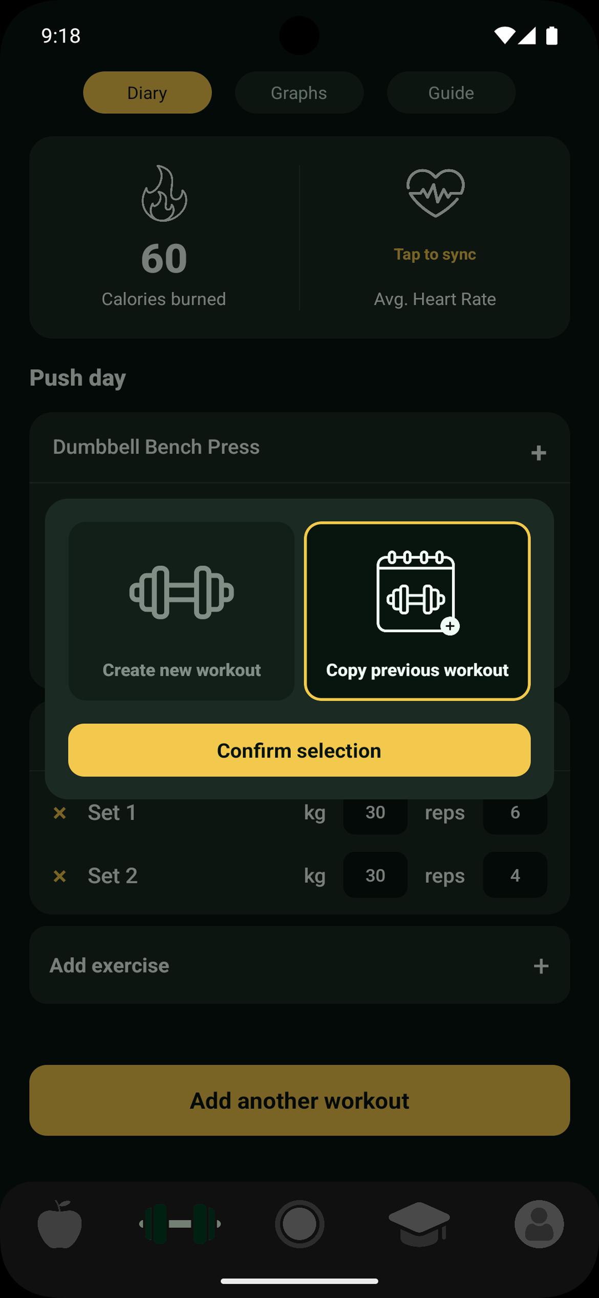Logging sets, reps and weights for an exercise in EiyoHub.